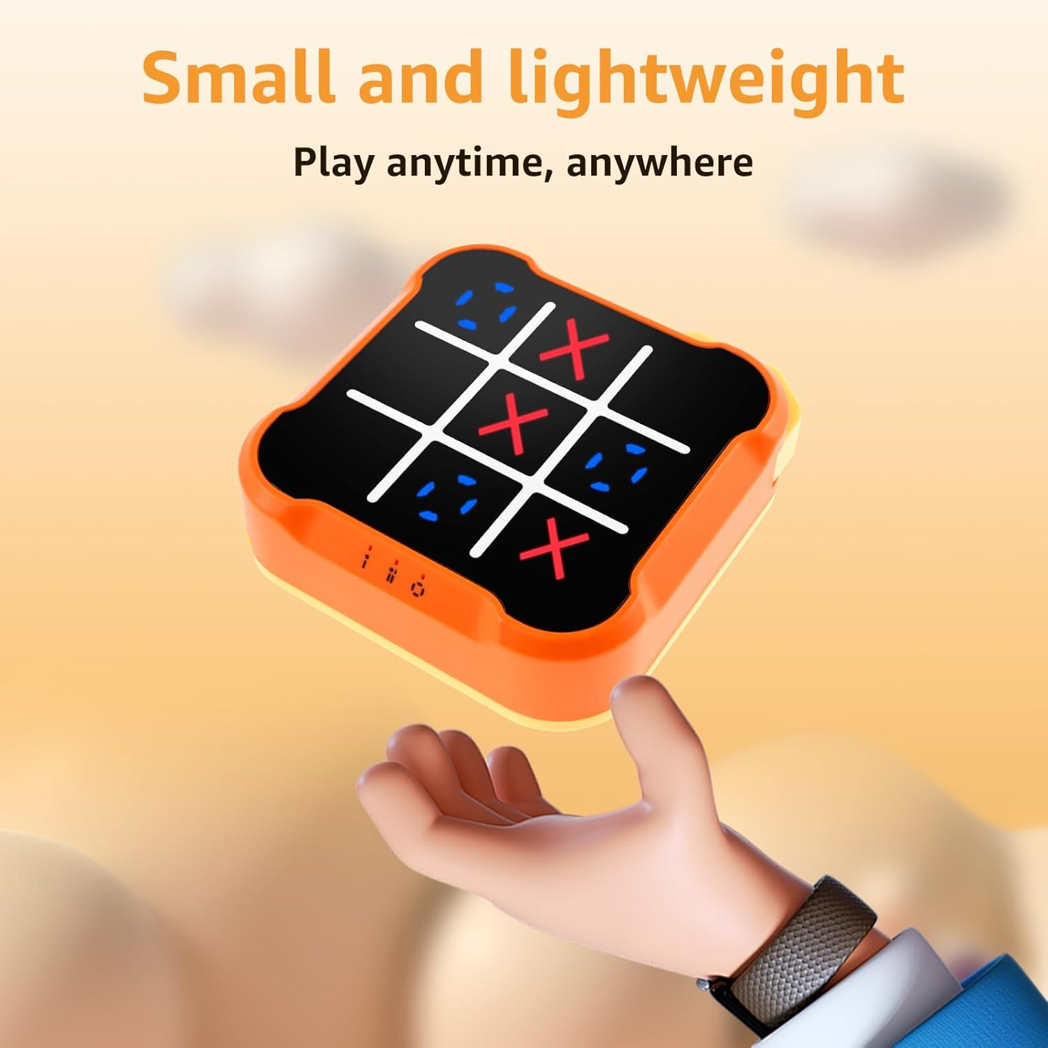 Orange Tic-Tac-Toe Spiel mit X und O, gehalten von einer Hand.