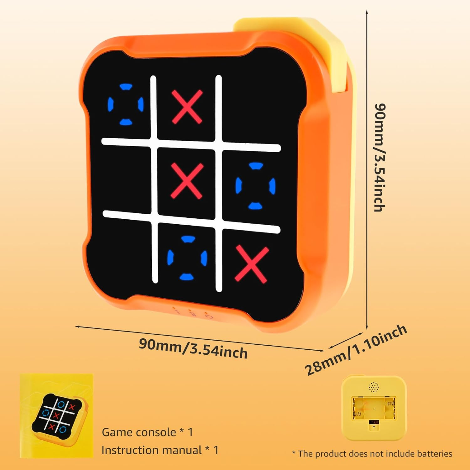 Orange Tic-Tac-Toe-Konsole mit X- und O-Symbolen, Maße 90x90x28mm.