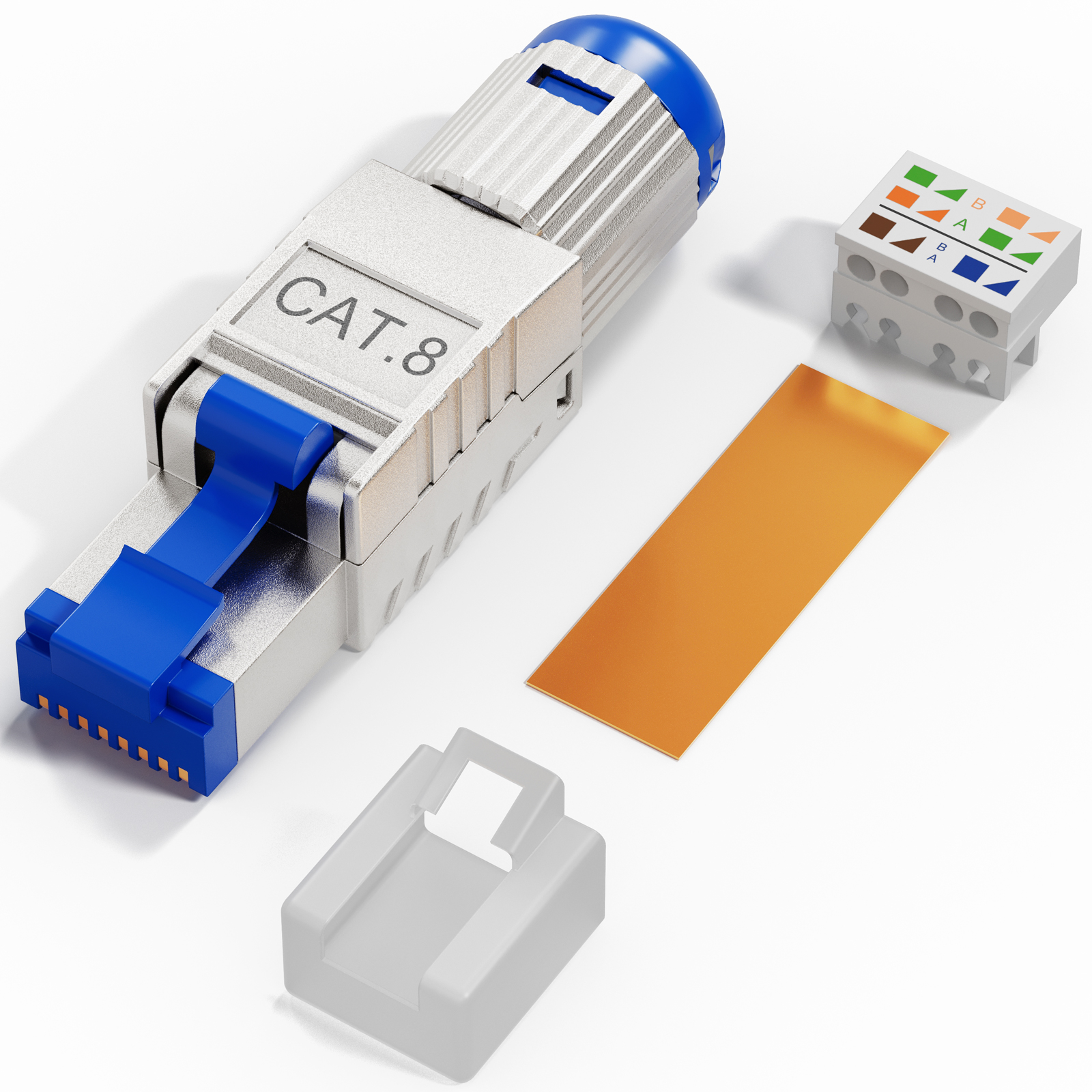 CAT.8 Stecker, Kabelabdeckung, Kupferband und Anschlussklemme auf weißem Hintergrund.