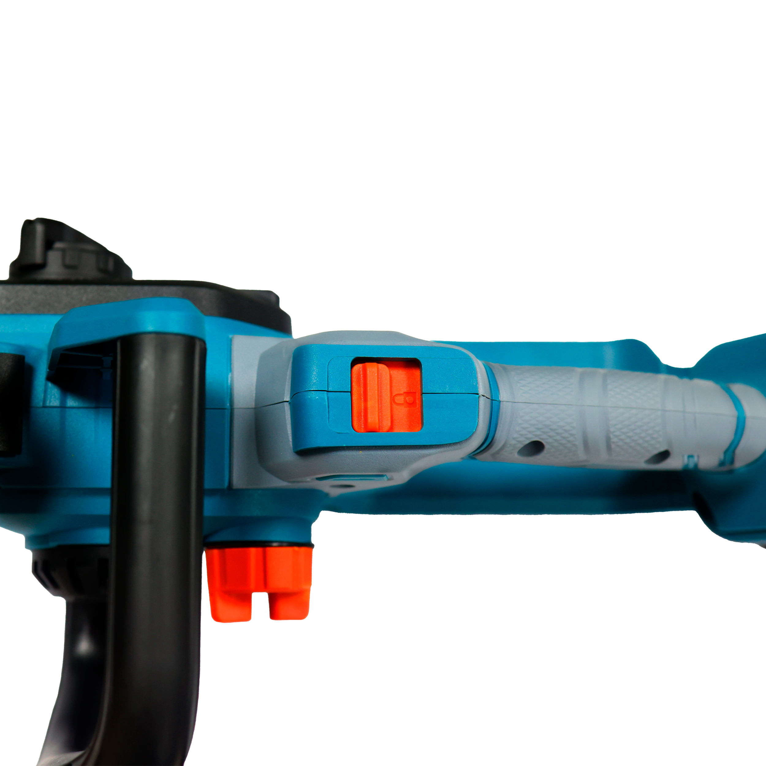 Niebiesko-szare narzędzie z pomarańczowymi akcentami na czarnym tle.