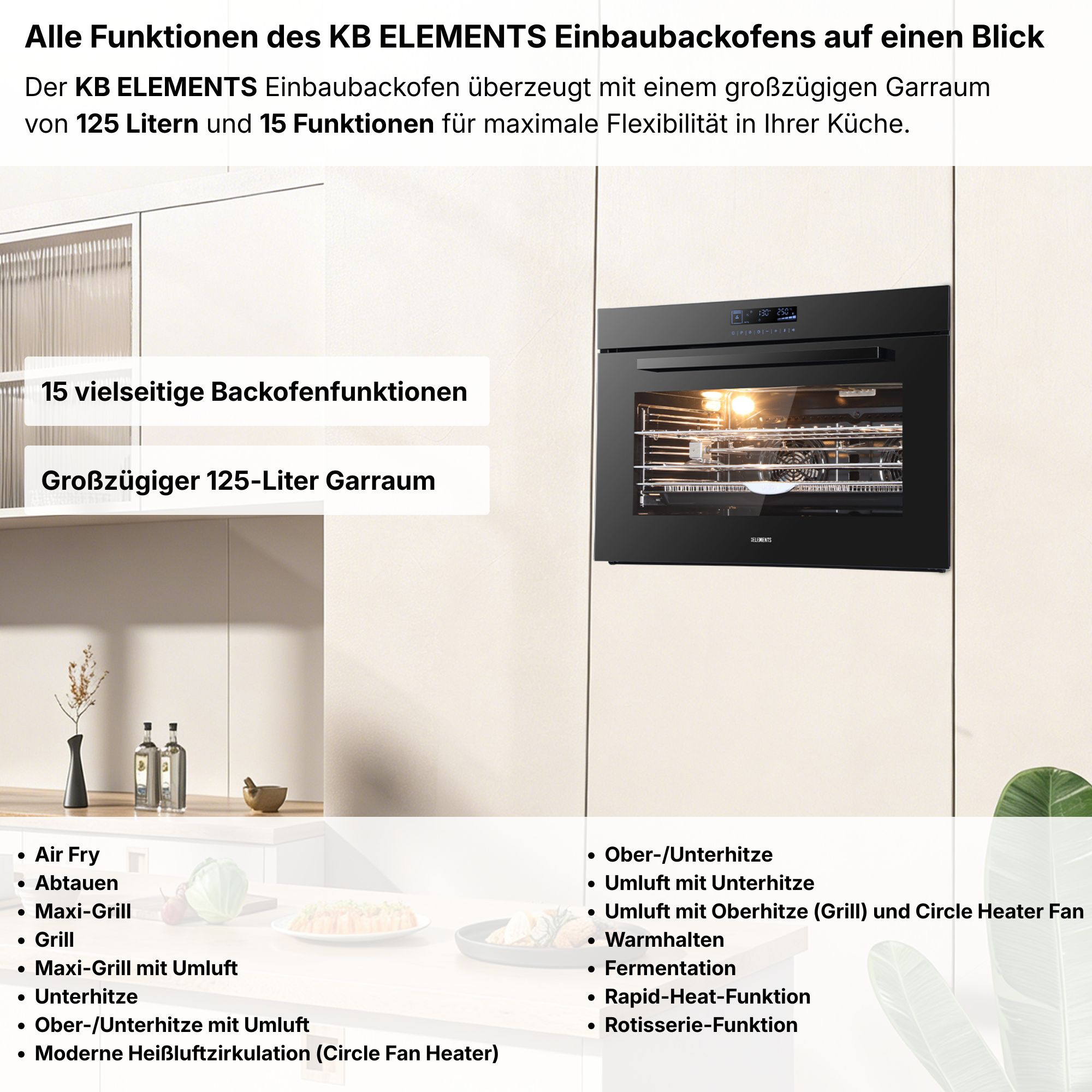Einbauofen mit 125L Garraum und 15 Funktionen, daneben eine Liste der Funktionen.