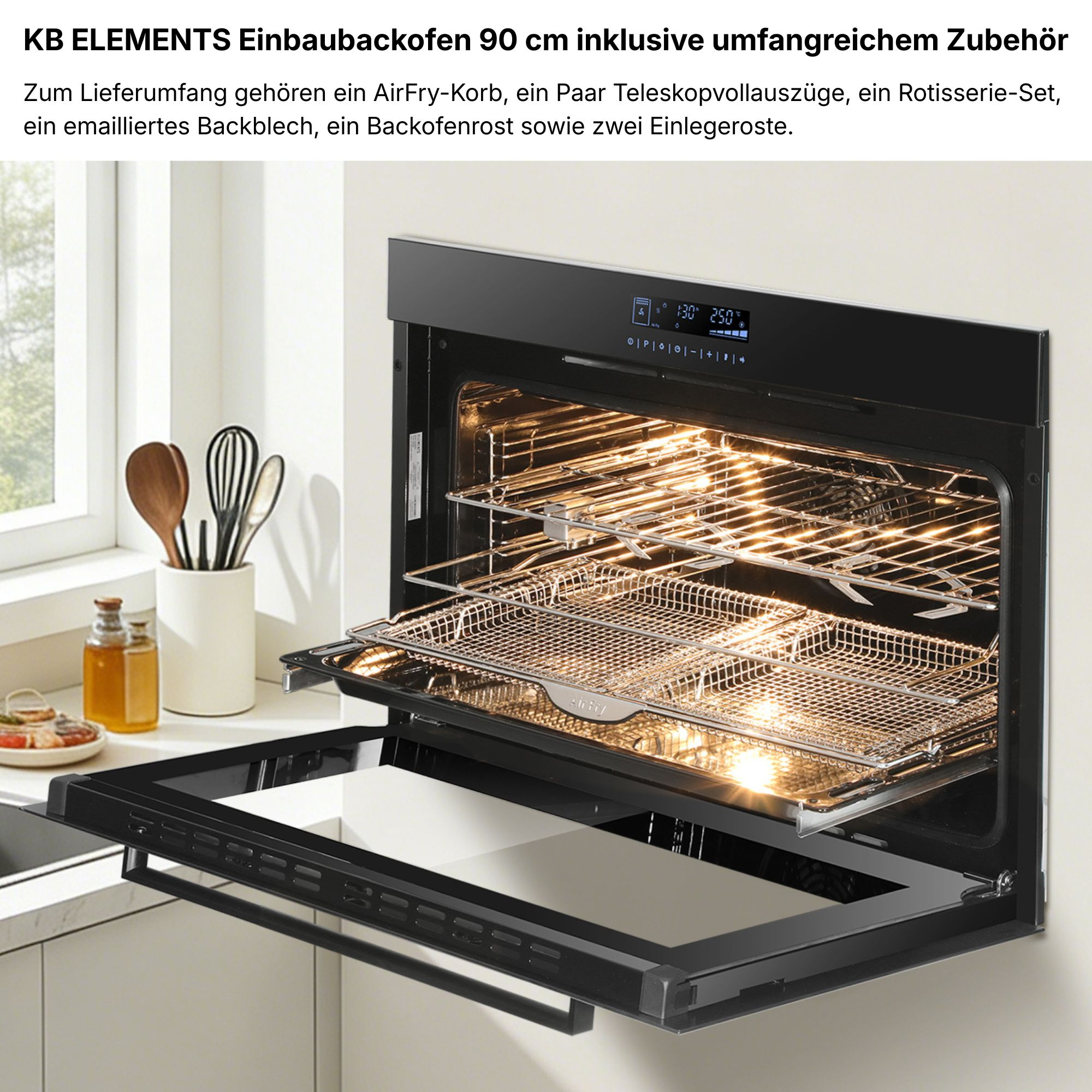 Ein offener, moderner Einbaubackofen mit beleuchtetem Innenraum und ausgefahrener Schublade.