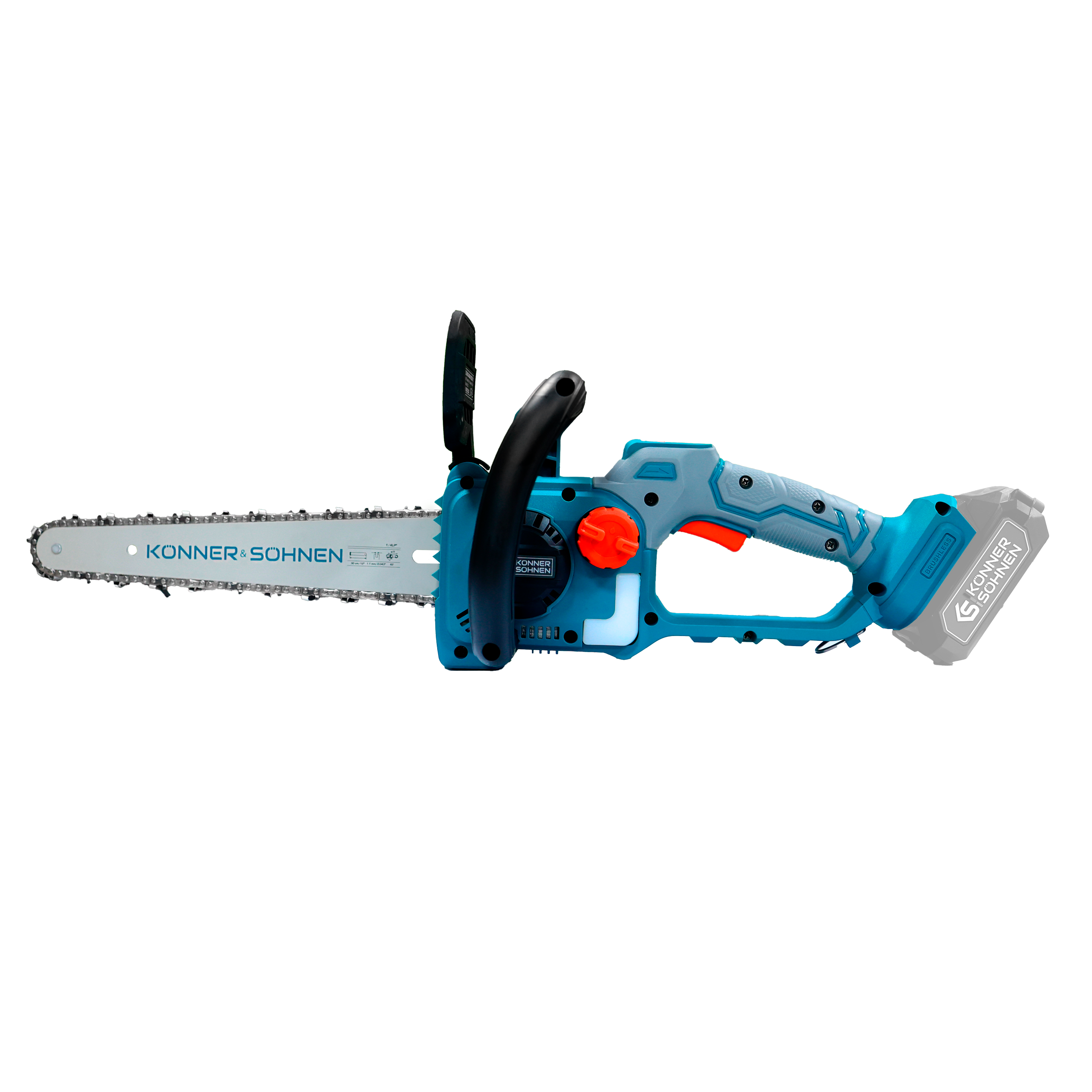 Niebieska i szara piła łańcuchowa z srebrnym łańcuchem i czarnym uchwytem.