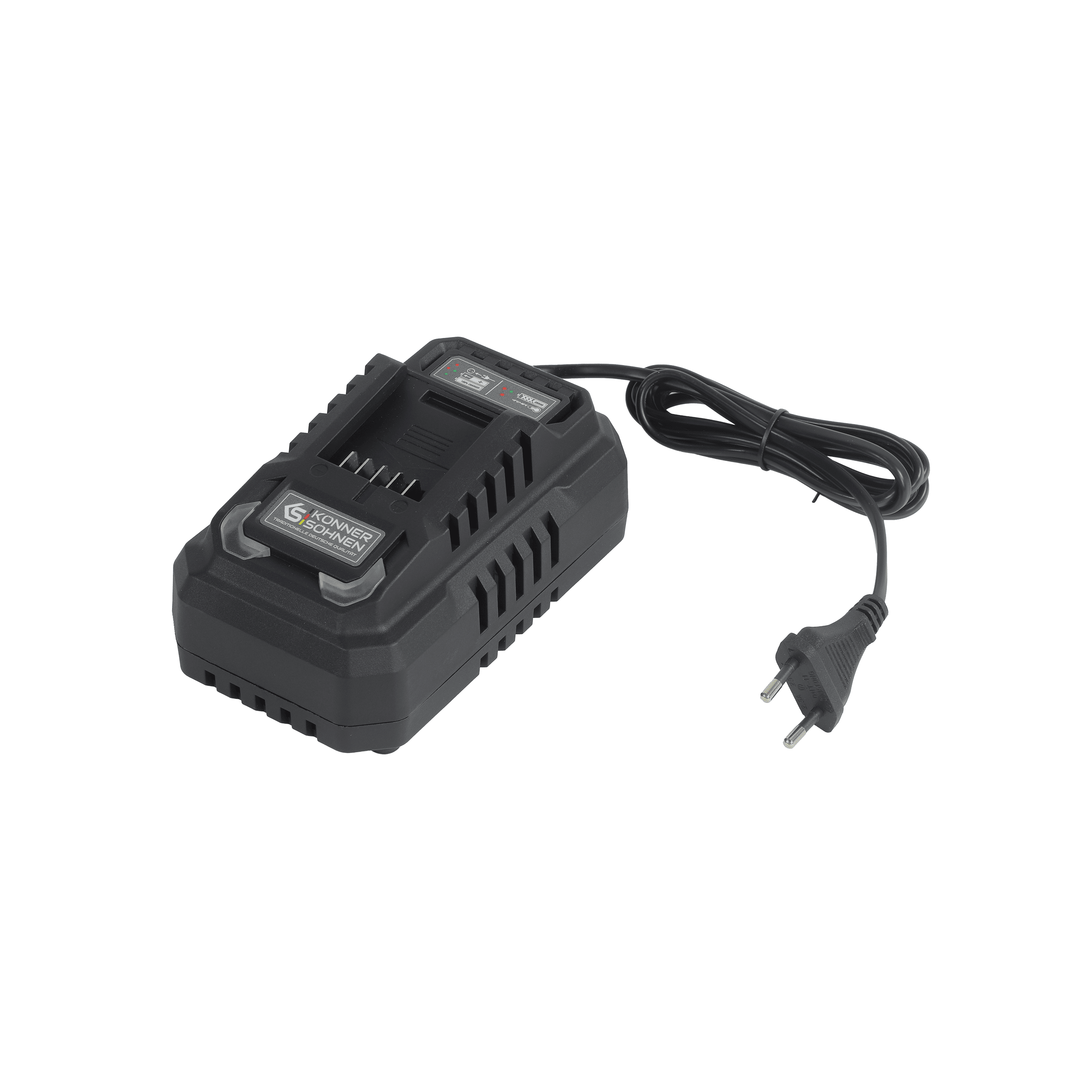 Czarna ładowarka do akumulatorów z kablem i wtyczką, ze wskaźnikami ładowania.