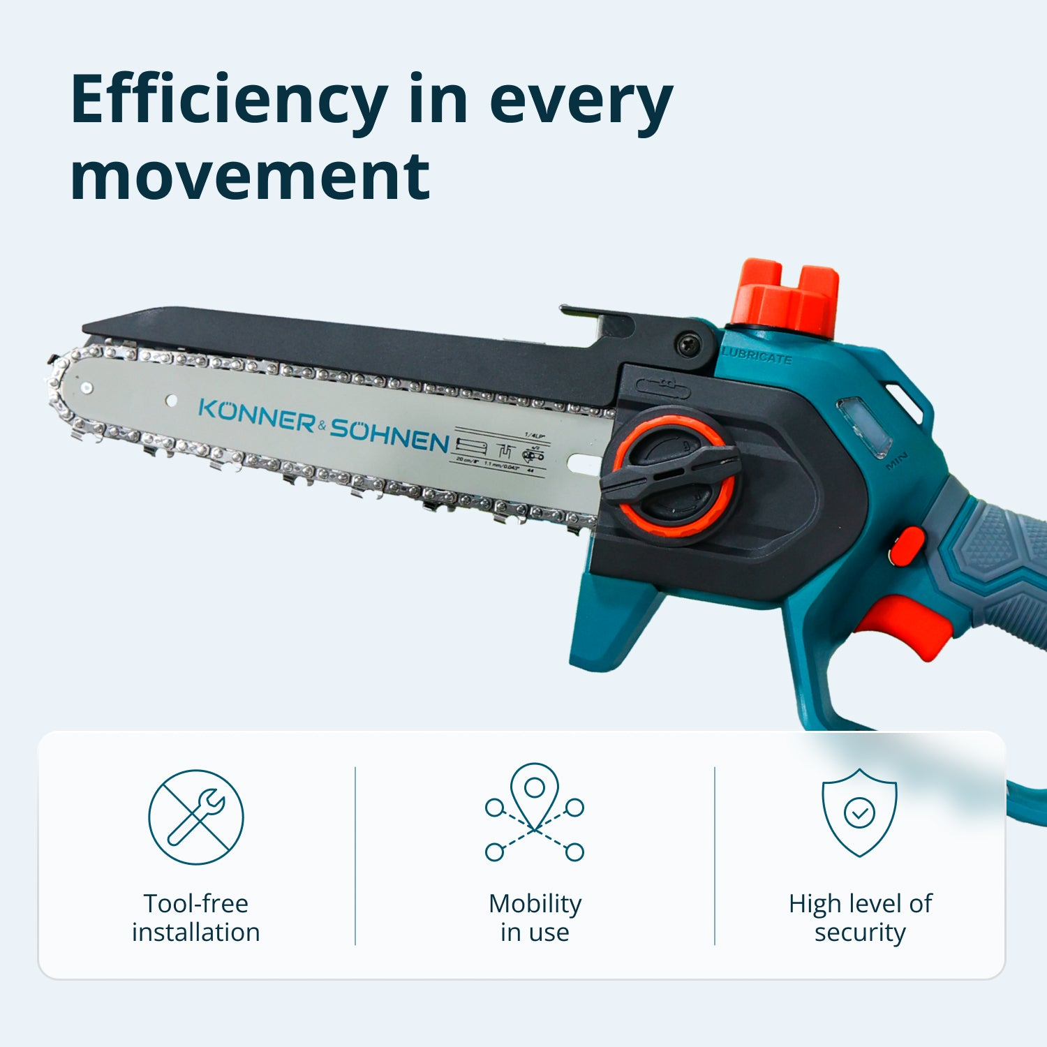 Piła łańcuchowa z "Beznarzędziową instalacją", "Mobilnością w użyciu" i "Wysokim poziomem bezpieczeństwa".