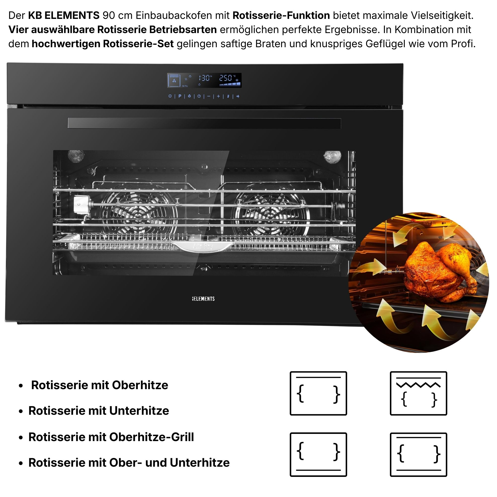 Einbauofen mit Rotisserie, daneben ein gebratenes Hähnchen und Kochmodi-Symbole.