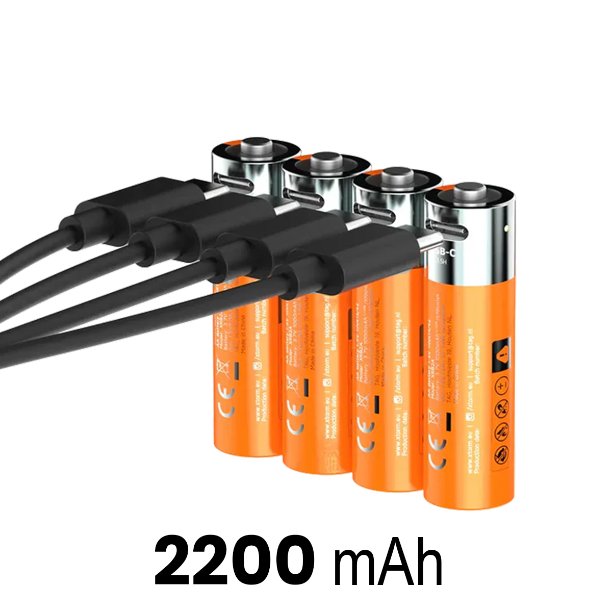 Quattro batterie arancioni collegate a cavi USB-C neri, 2200 mAh.