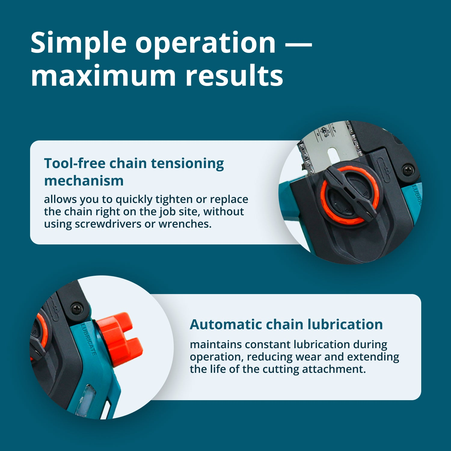 Zbliżenie nasadki piły łańcuchowej pokazujące beznarzędziowe napinanie łańcucha i automatyczne smarowanie.