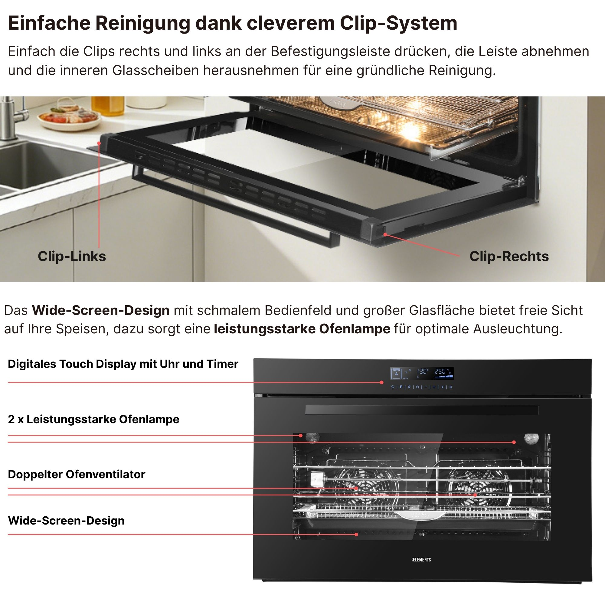 Einbauofen mit Clip-System, Touch-Display, Ofenlampe und Lüfter.