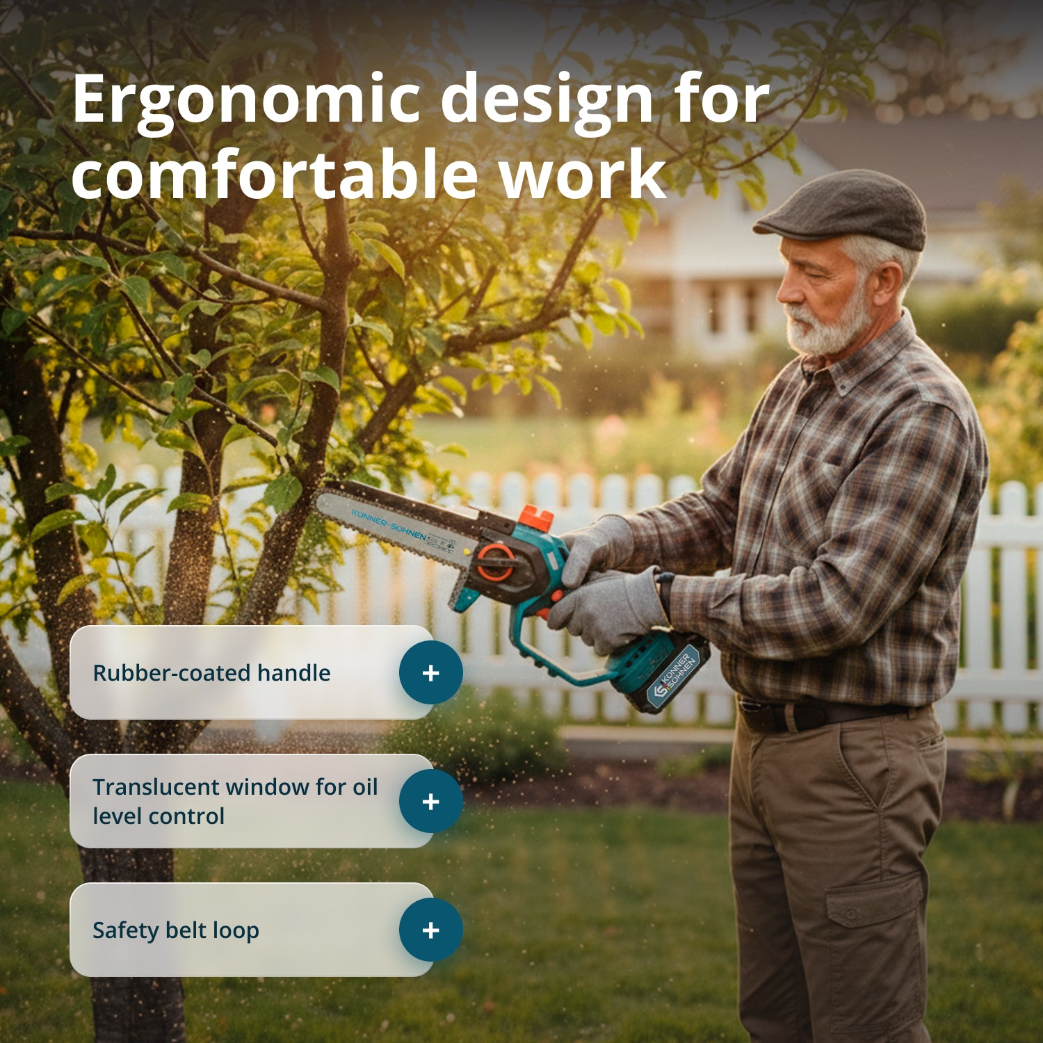 Starszy mężczyzna w czapce używa piły łańcuchowej w ogrodzie.