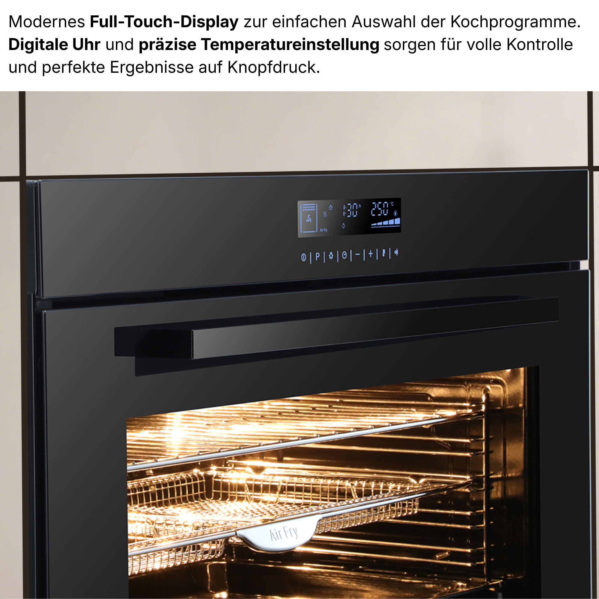 Moderner schwarzer Ofen mit Touchscreen-Display. Innen sind zwei Air Fry Körbe.