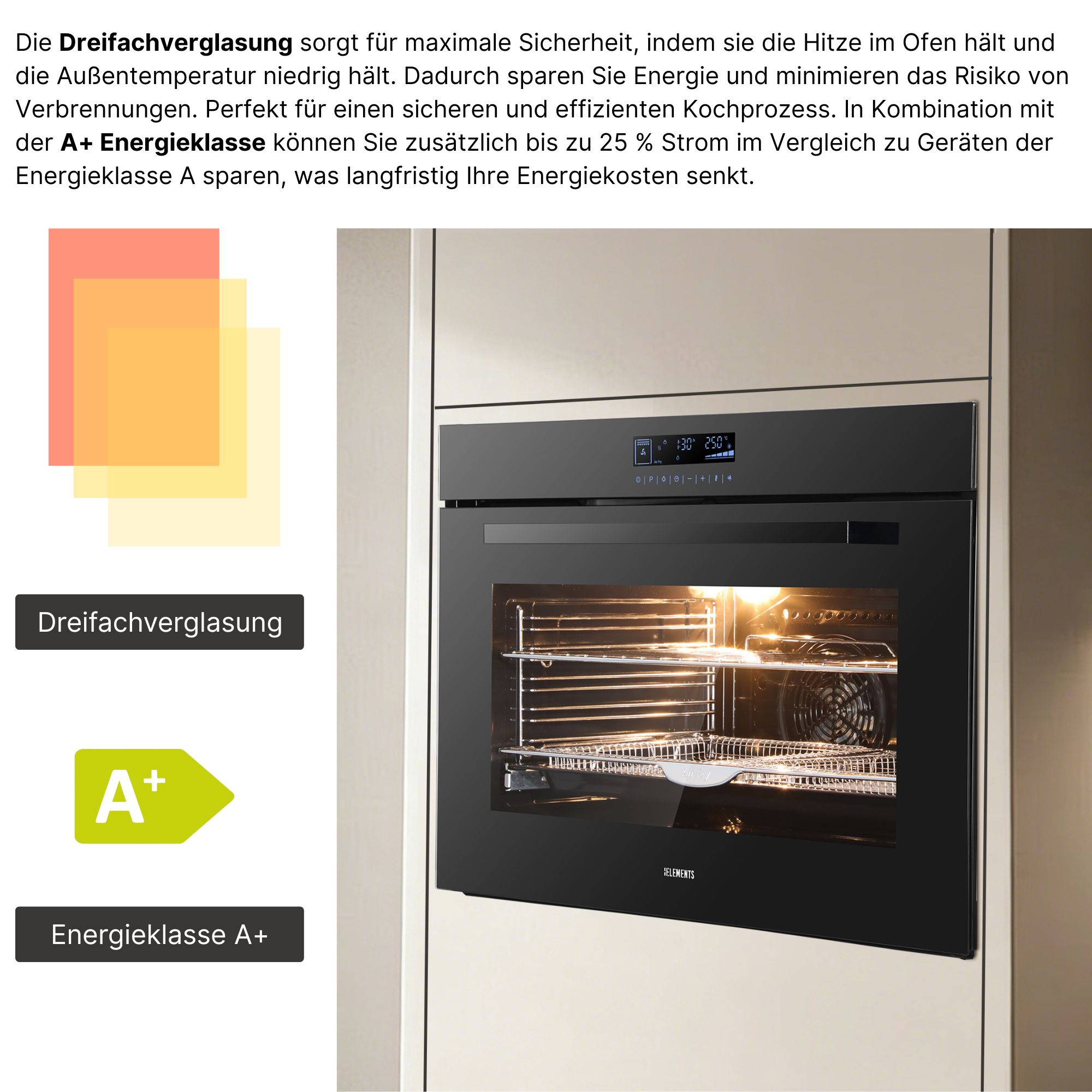 Ein moderner Einbauofen mit digitaler Anzeige und A+ Energieeffizienzlabel.