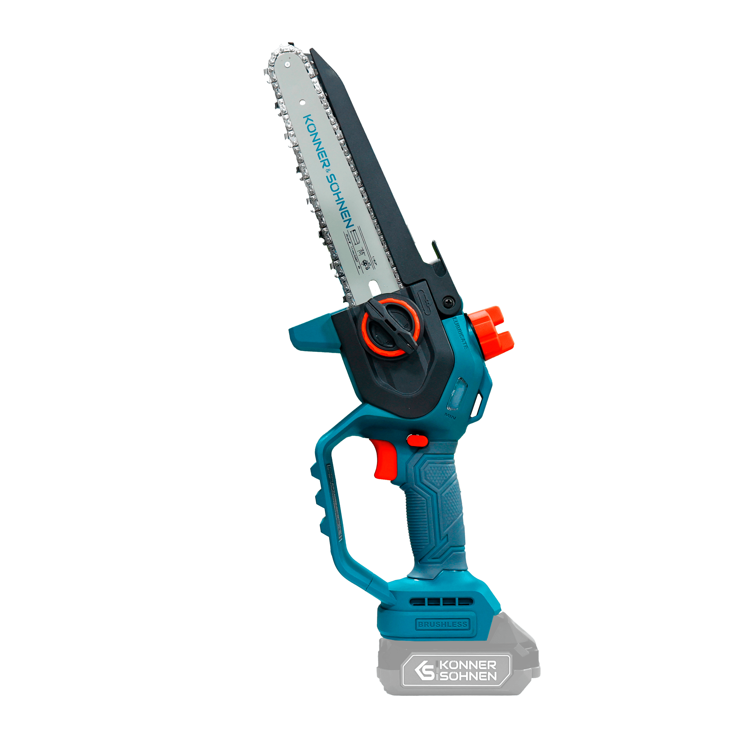 Niebiesko-zielona piła łańcuchowa ze srebrnym łańcuchem i pomarańczowymi akcentami.