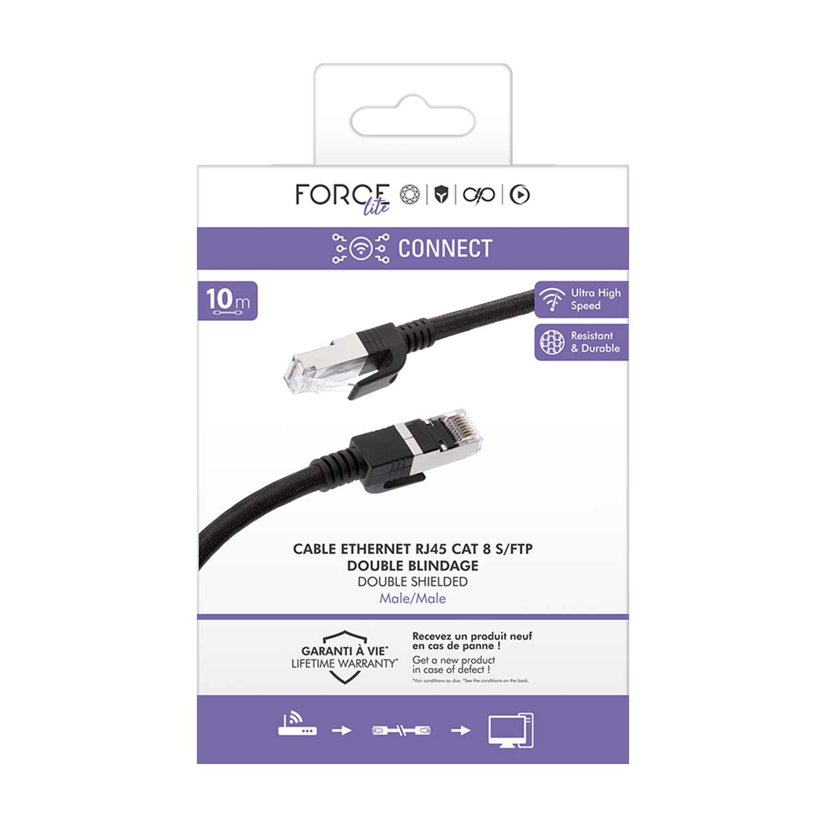 Emballage d'un câble Ethernet noir de 10 m avec connecteurs RJ45.