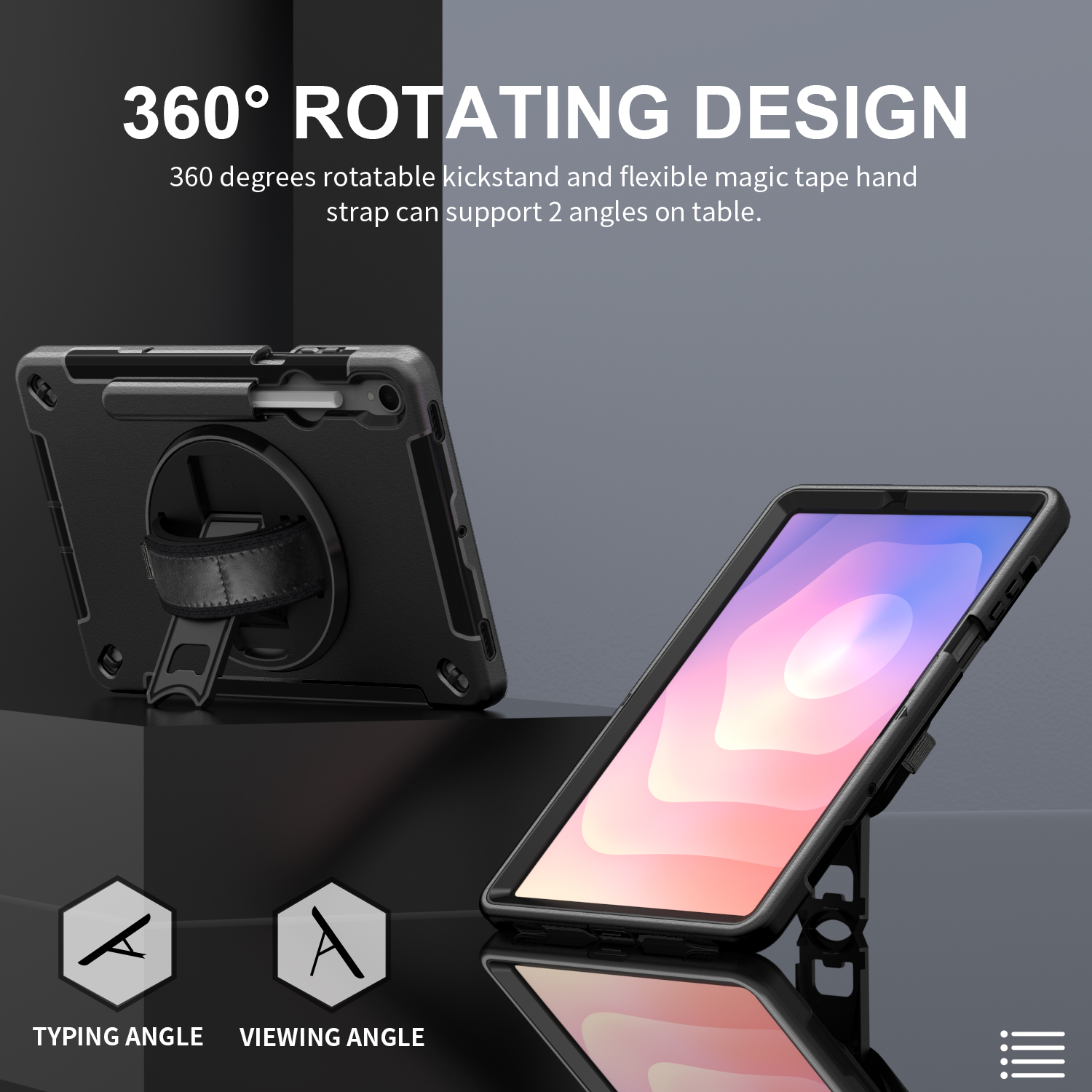 Schwarze Tablet-Hülle mit 360-Grad-Ständer, Tipp- und Ansichtswinkeln.