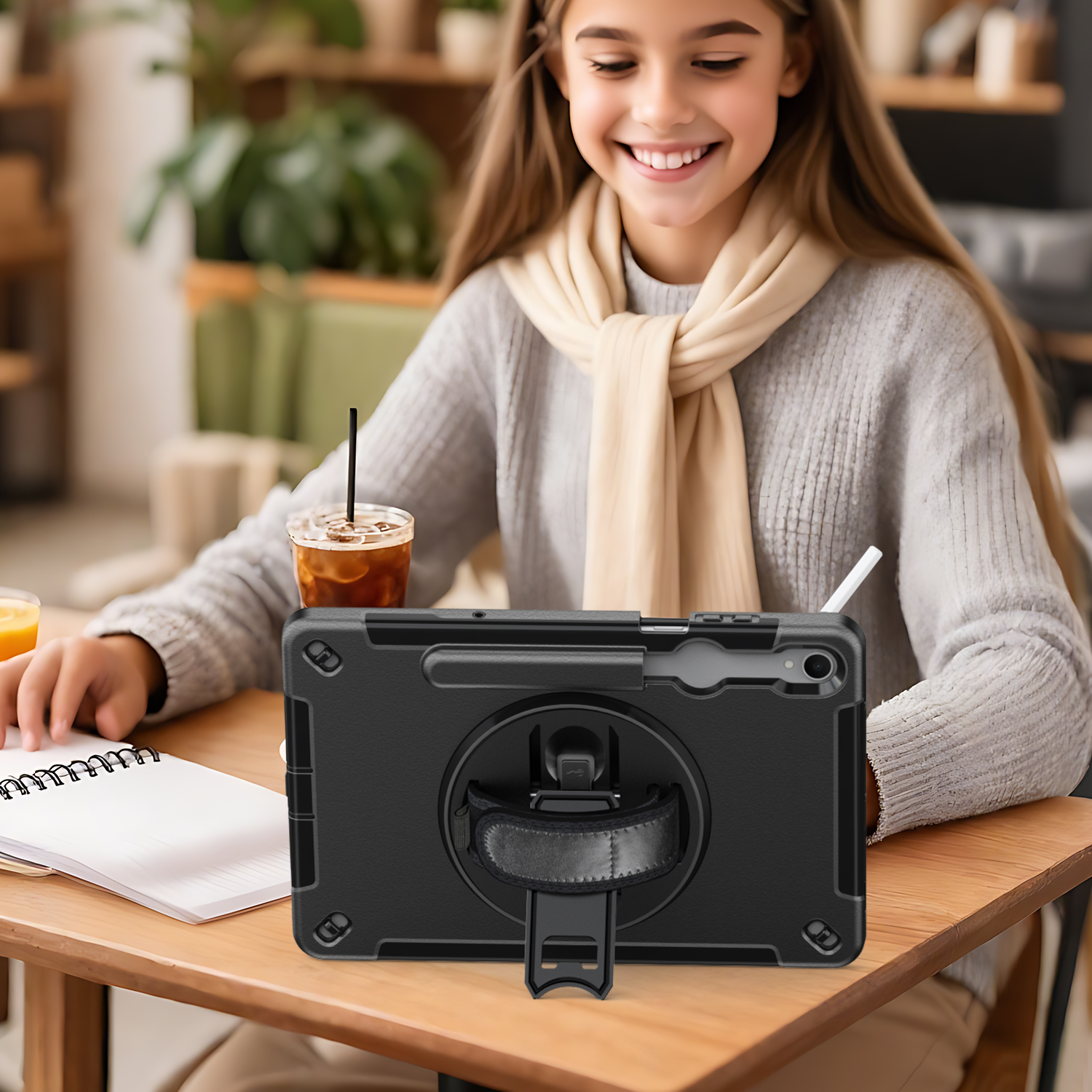 Ein junges Mädchen sitzt an einem Tisch und lächelt. Ein Tablet-Schutzhülle steht auf dem Tisch.