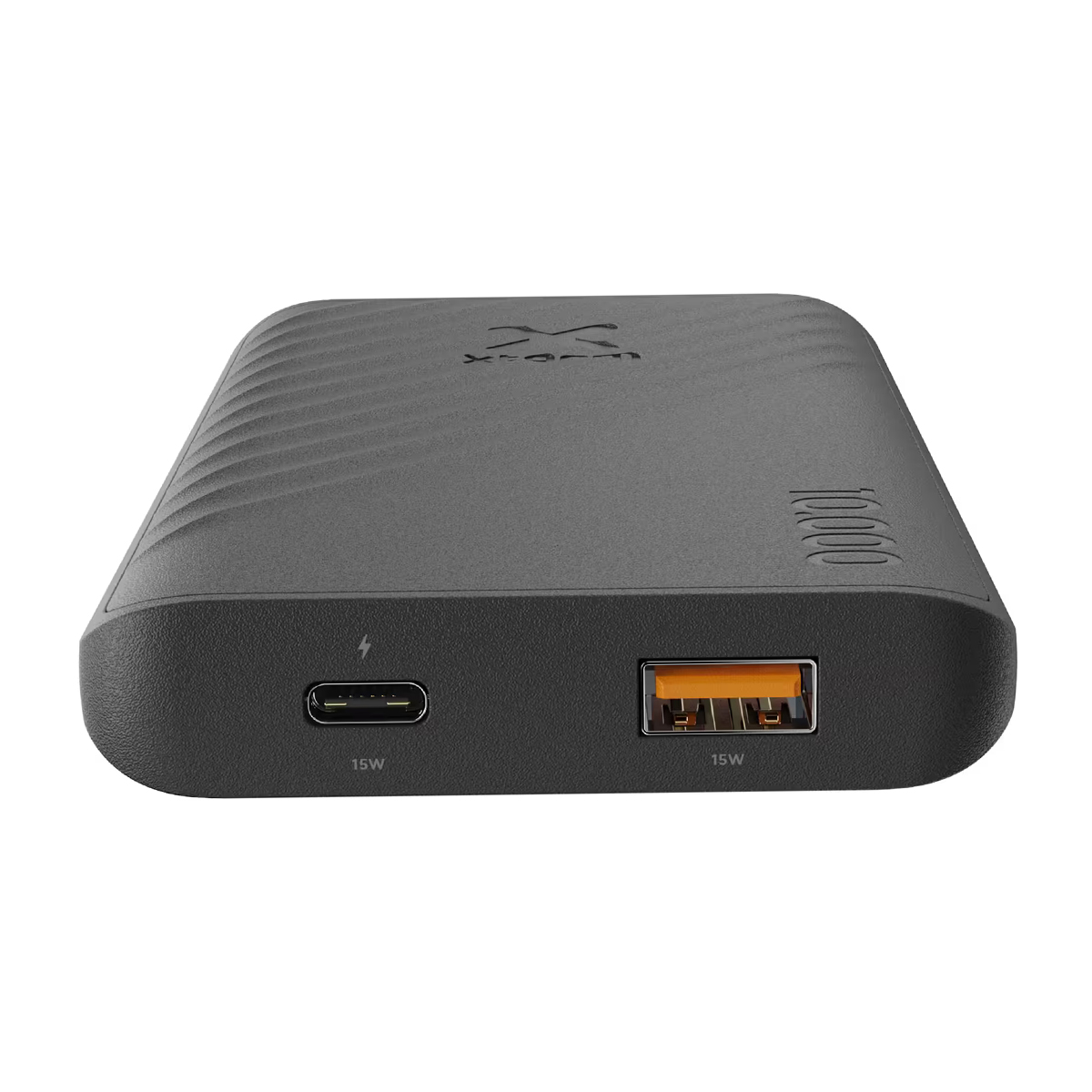Un power bank grigio da 10000mAh con porte USB-C e USB-A.