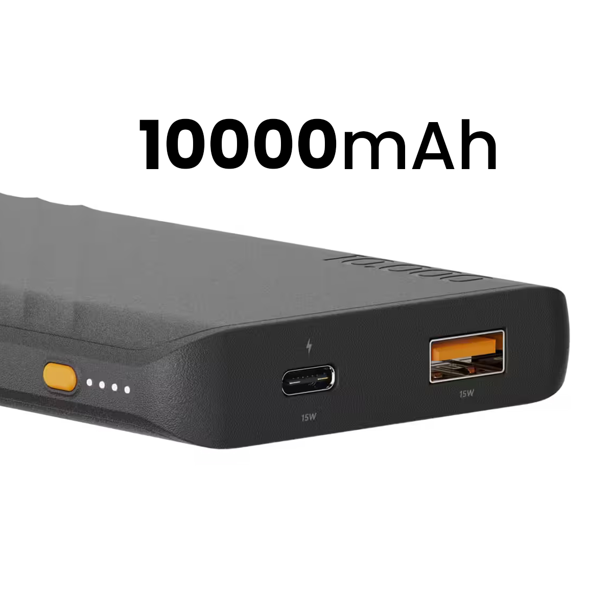 Power bank nero da 10000mAh con porte USB-C e USB-A.