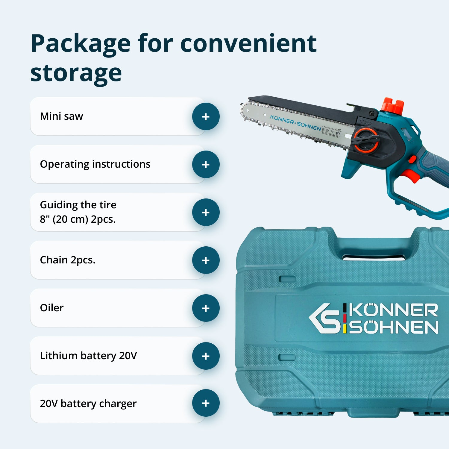 Opakowanie do wygodnego przechowywania: mini piła, instrukcje, łańcuch, olejarka, bateria, ładowarka, walizka.