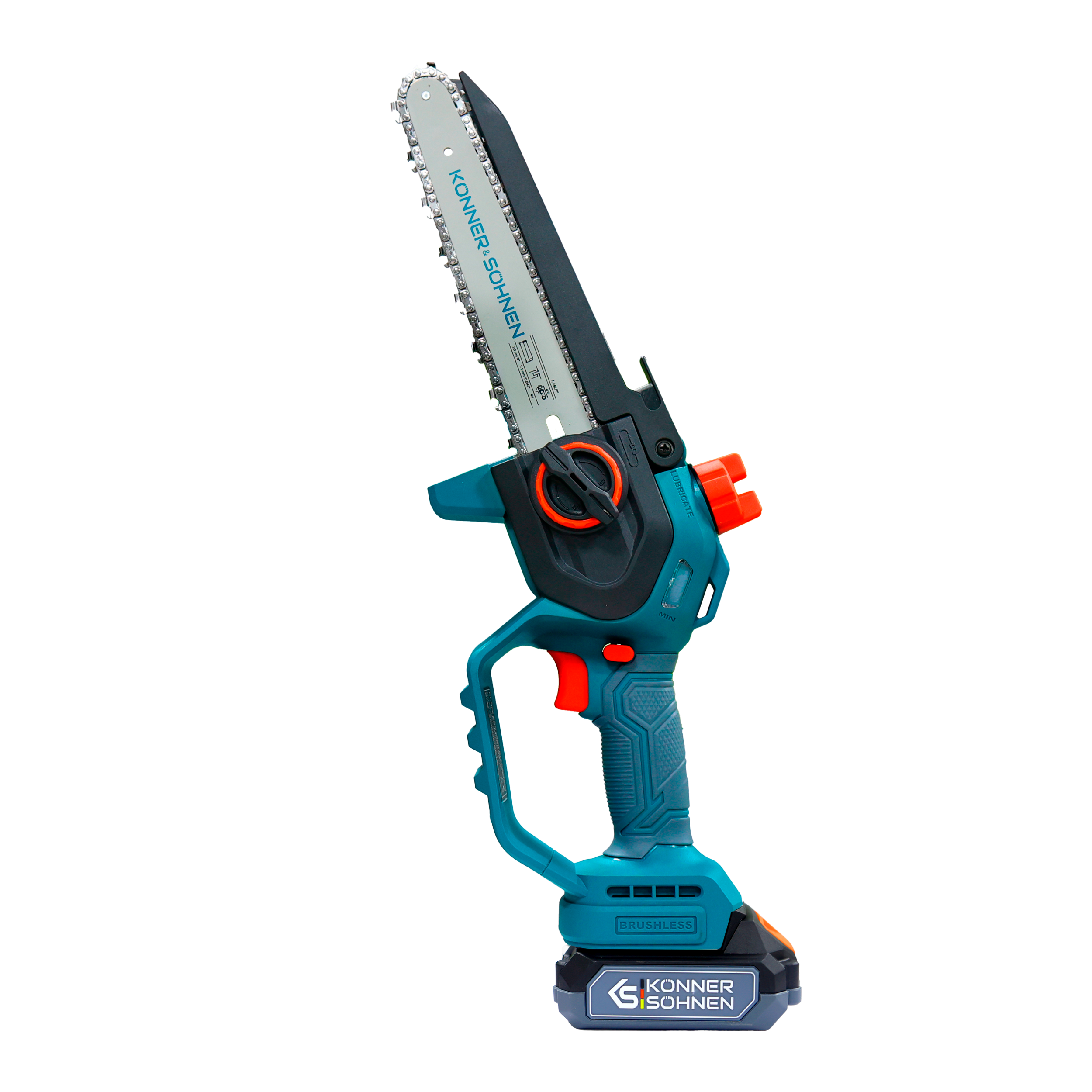 Niebiesko-zielona piła łańcuchowa z pomarańczowymi akcentami na czarnym tle.