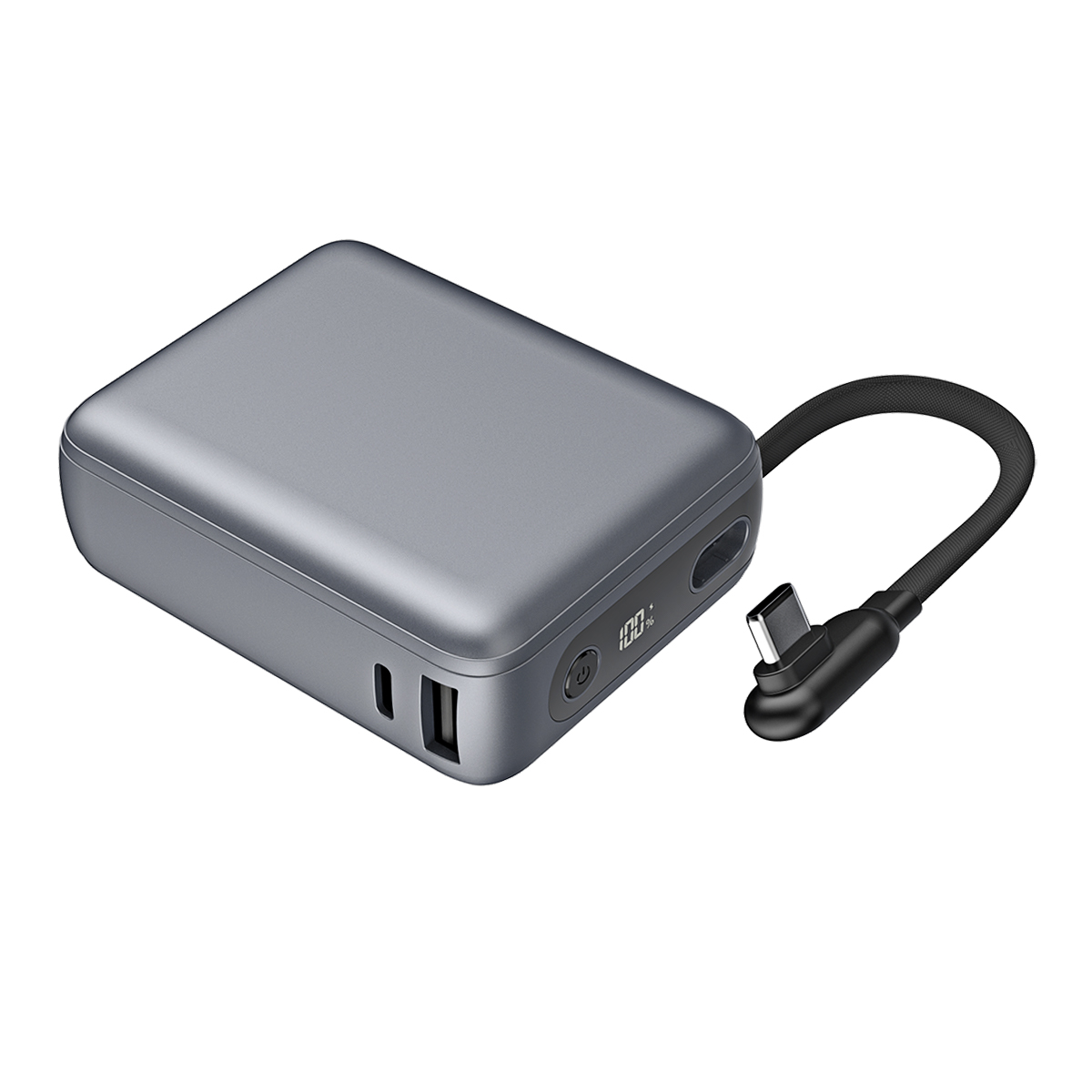 Power bank grigio con porte USB e cavo USB-C nero a spirale, mostra 100%.