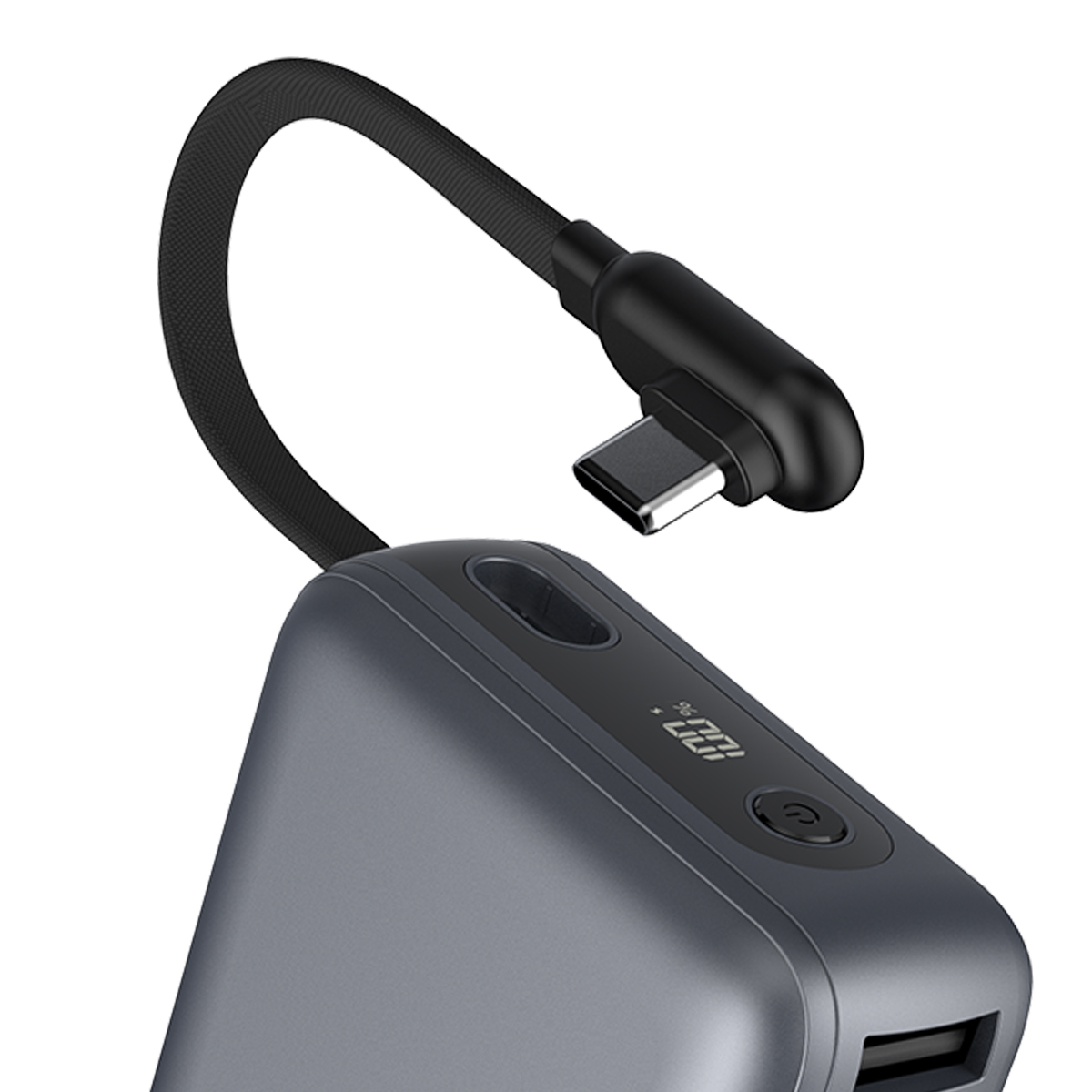 Power bank grigio con cavo USB-C nero e connettore angolato a 90 gradi.