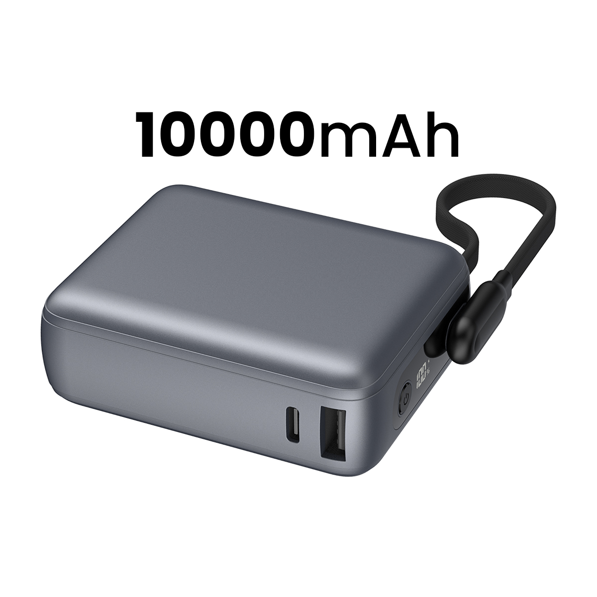 Power bank grigia da 10000mAh con USB-C, USB-A e laccetto.