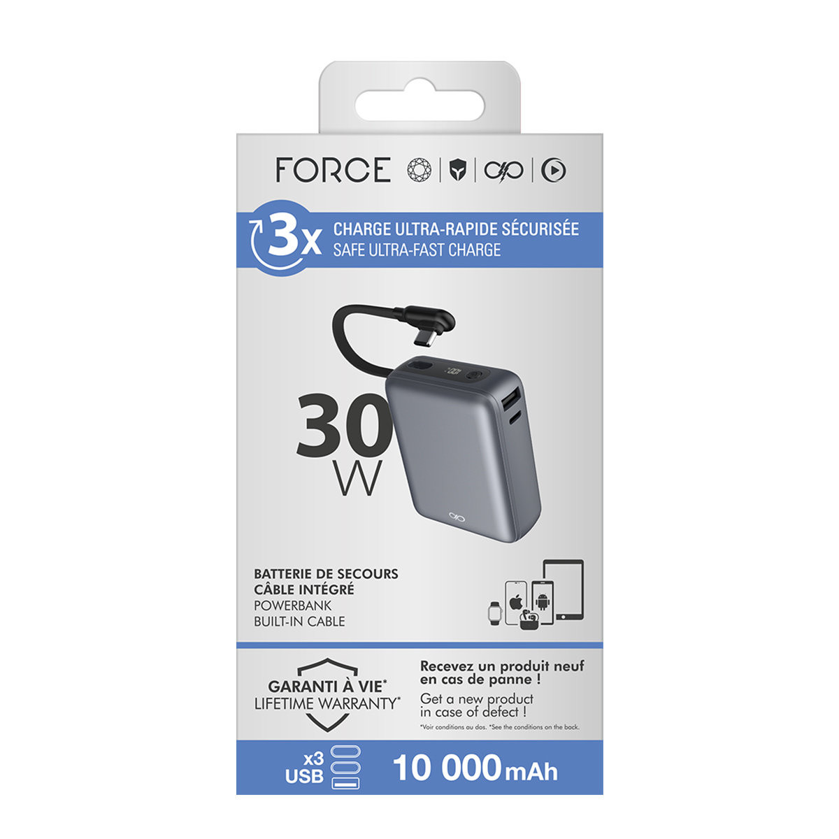 Power bank grigio da 30W con cavo integrato, 10.000 mAh.