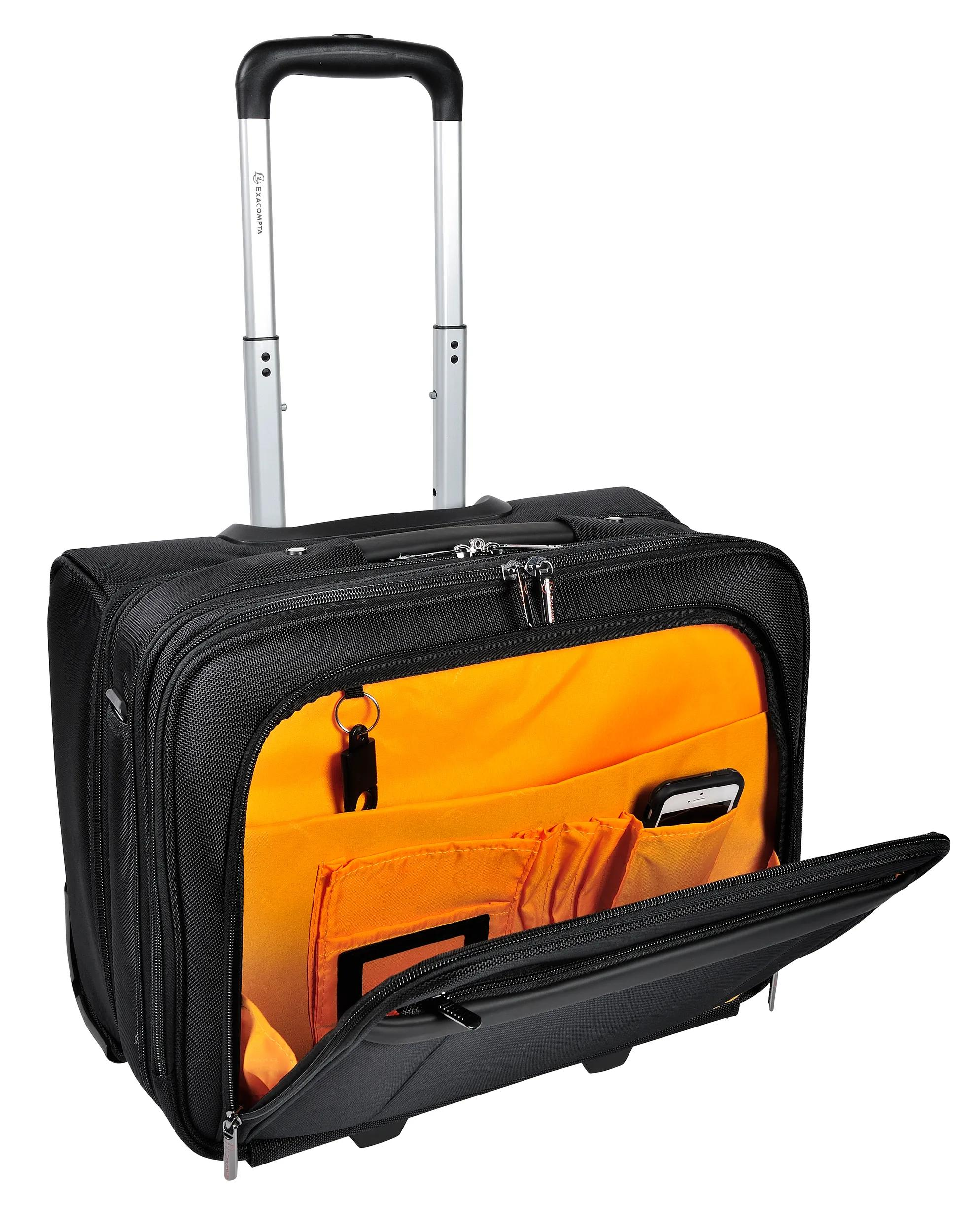 Maletín negro con ruedas, asa extensible y forro naranja.