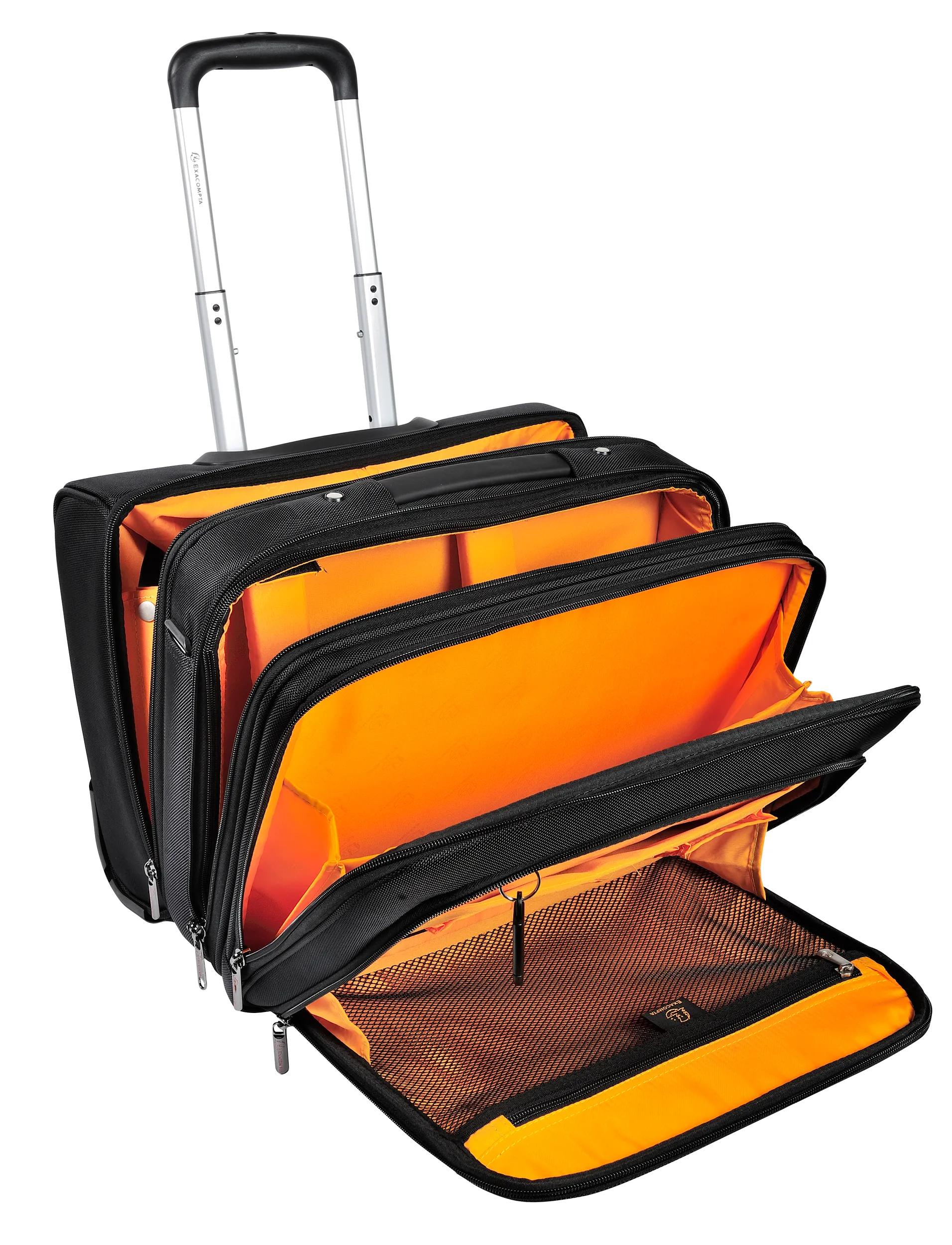 Bolso negro para portátil con asa extensible y forro interior naranja.
