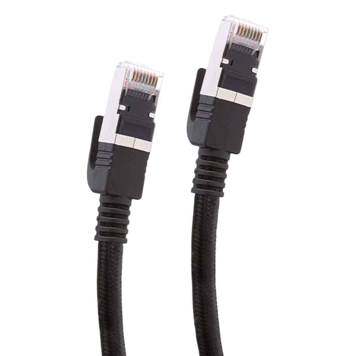 Due cavi di rete neri con connettori RJ45 su sfondo bianco.