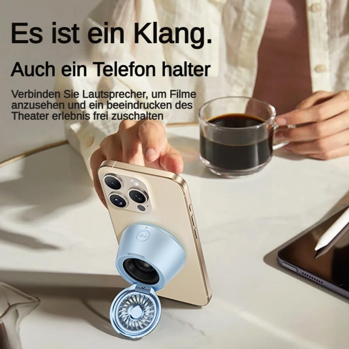 Ein hellblaues Lautsprecherzubehör ist an einem Smartphone befestigt, das auf einem Tisch steht.