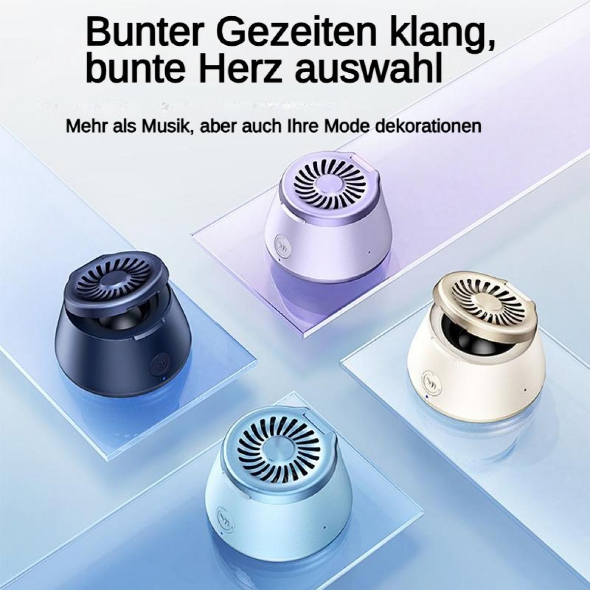 Vier bunte Mini-Lautsprecher auf Glasplattformen.