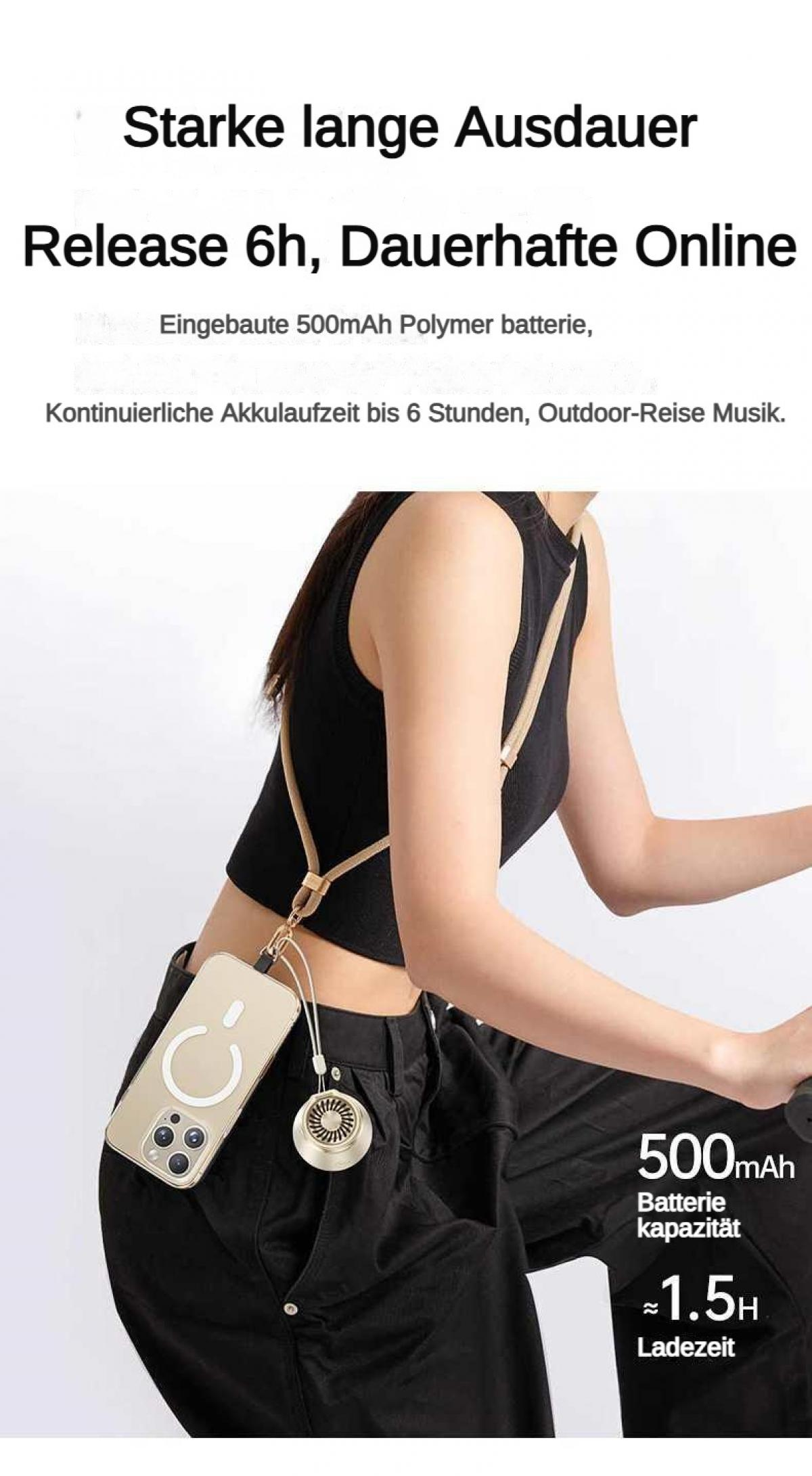 Eine Person trägt ein Handy mit Lanyard und Lüfter. 500mAh Kapazität, 1.5 Std Ladezeit.
