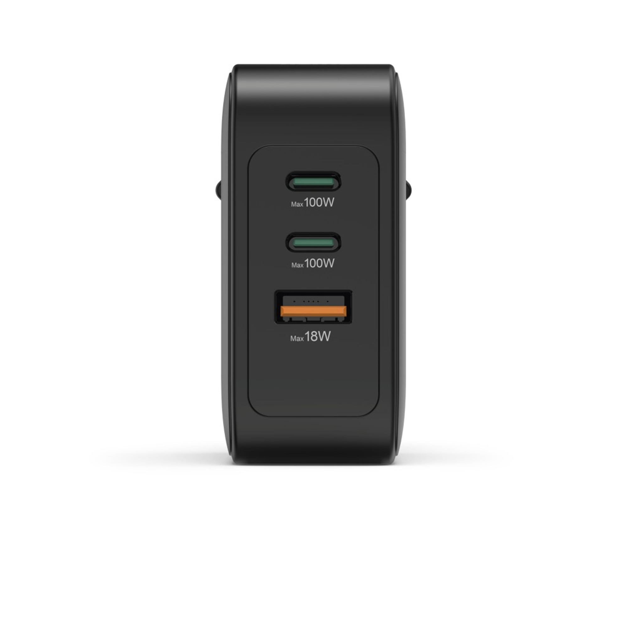 Schwarzes Netzteil mit drei Anschlüssen: zwei USB-C (100W) und ein USB-A (18W).