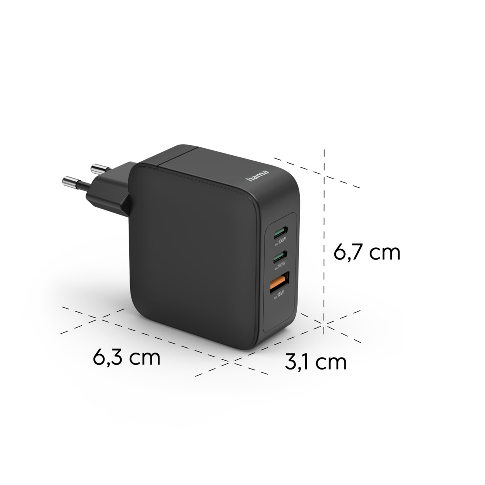 Schwarzer Hama Netzstecker mit 3 USB-Anschlüssen und Maßen.