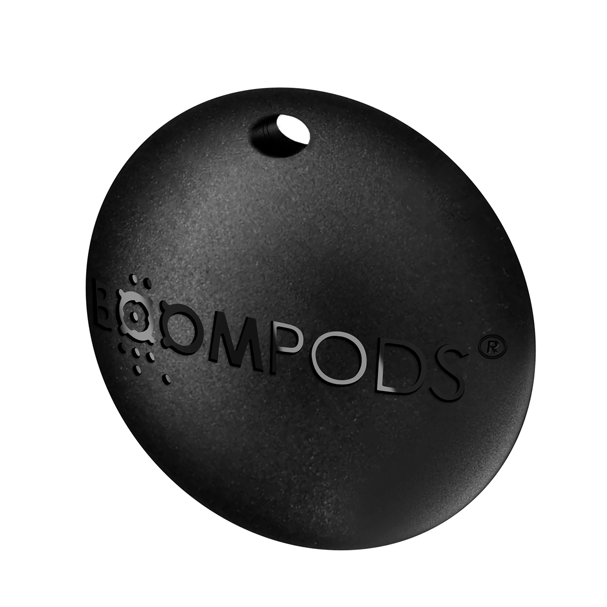 Un oggetto nero di forma ovale con il logo e il nome BOOMPODS.