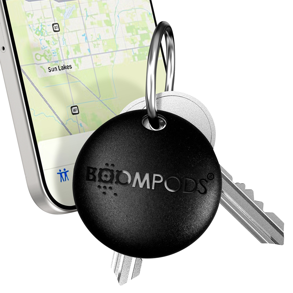 Portachiavi nero con logo Boompods su telefono che mostra una mappa.