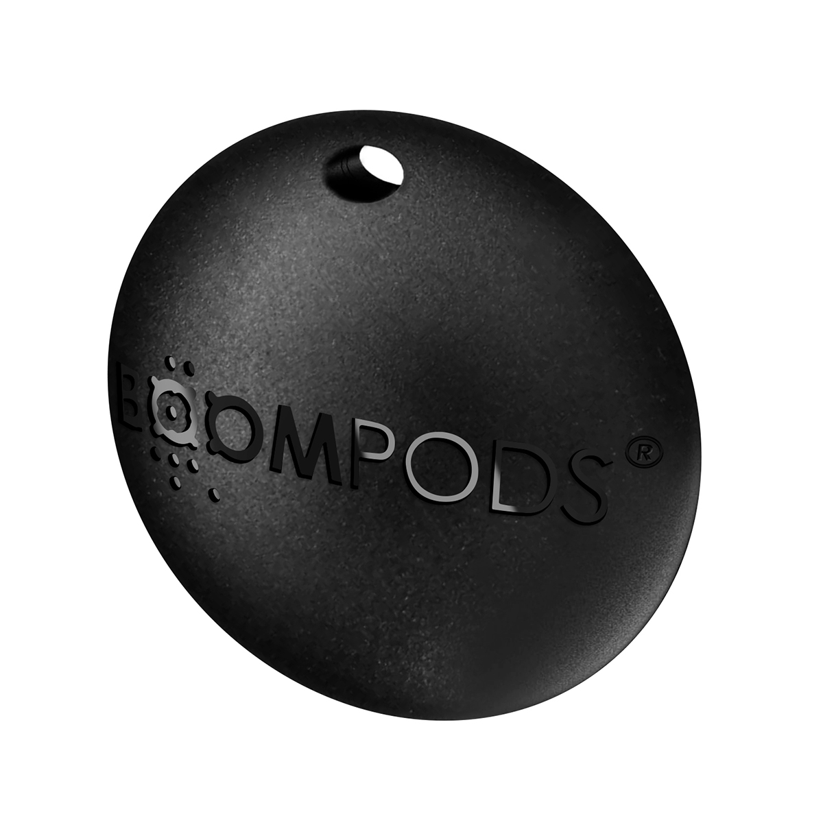 Un oggetto ovale nero con il logo 'BOOMPODS' e un foro in alto.
