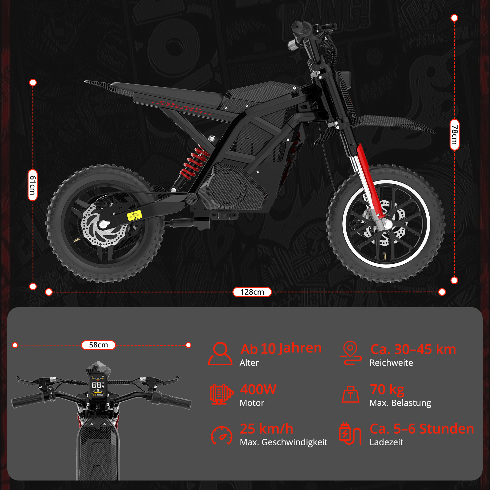 Schwarzer E-Scooter mit roten Akzenten, Maße 128x61x78cm. Infos: 400W, 25km/h, 70kg.