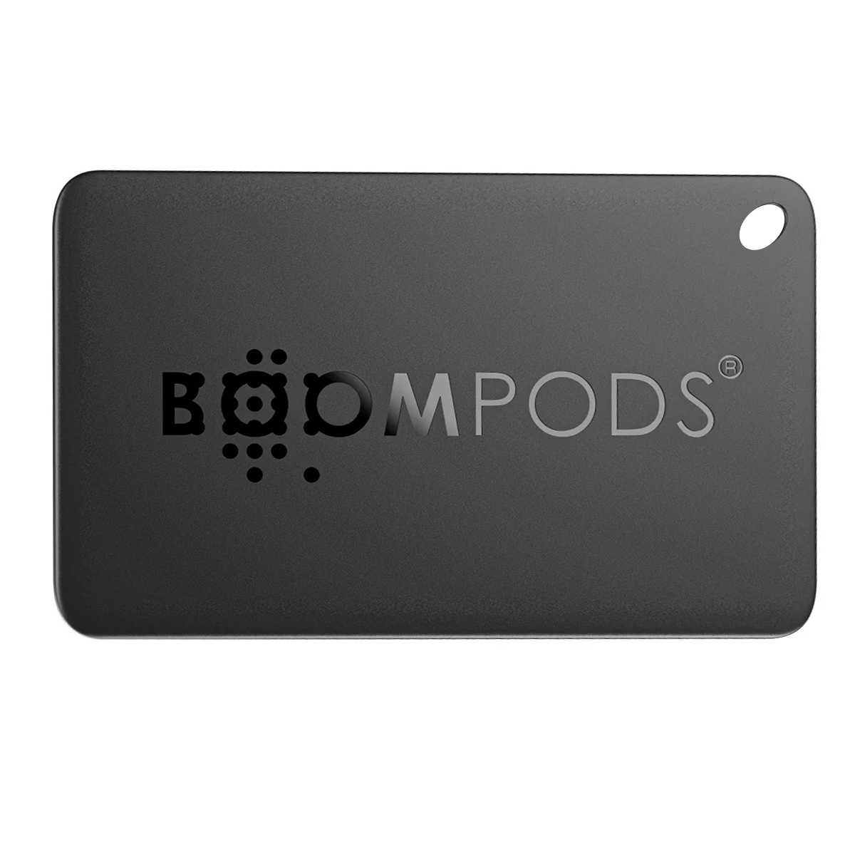 Un rettangolo nero con angoli arrotondati e il logo BOOMPODS.