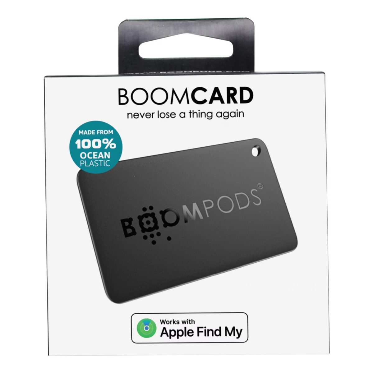 Confezione per un tracker Boompods nero, realizzato in plastica 100% oceanica.