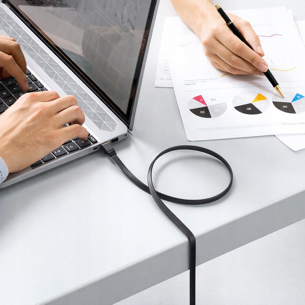 Ręce piszące na laptopie, kabel podłączony. Wykresy na biurku.
