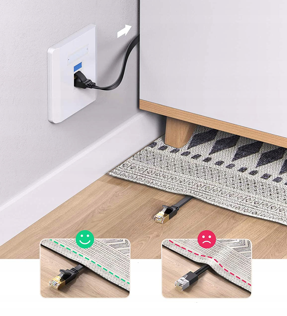 Kabel Ethernet podłączony do gniazdka ściennego, inny kabel leży pod dywanem.