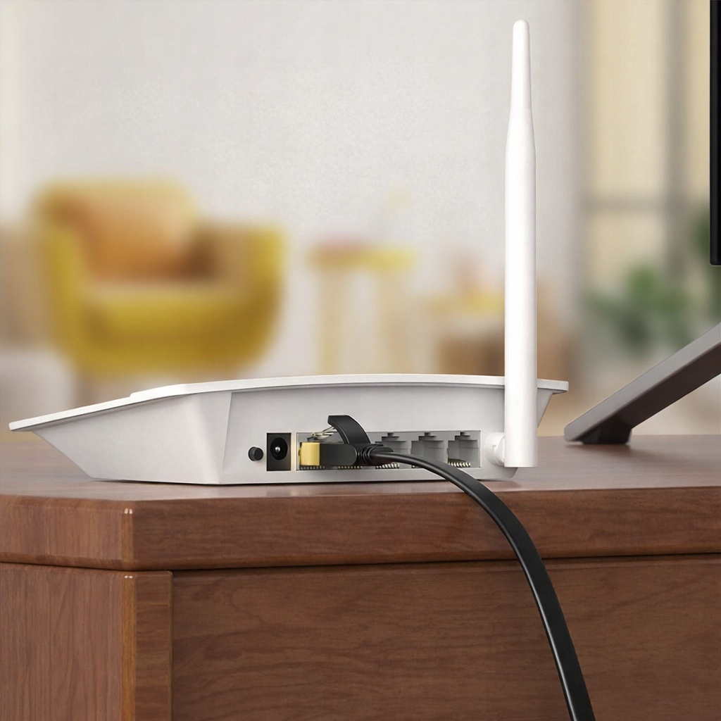 Biały router z kablami na drewnianym stole, rozmyte tło.