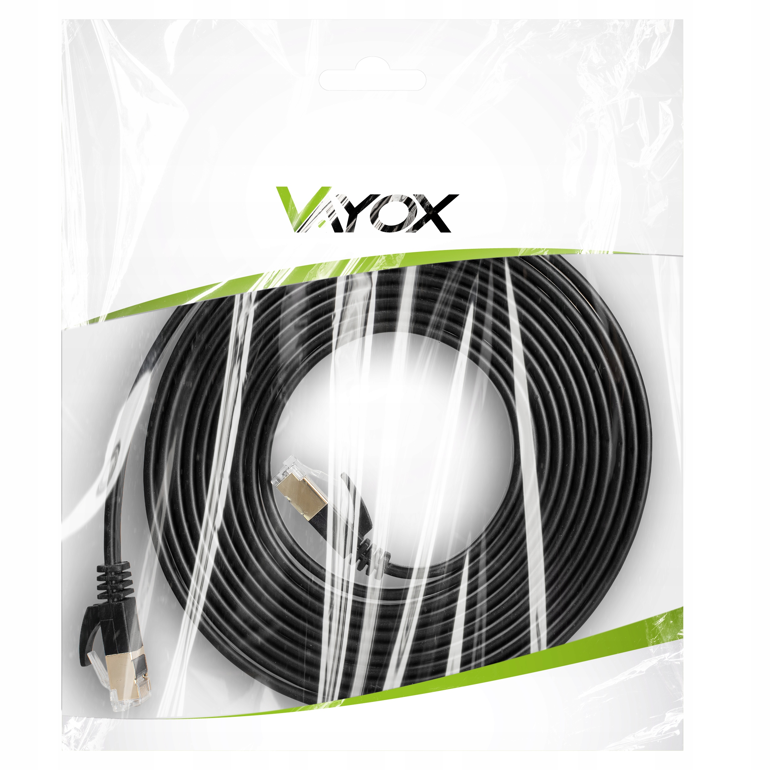 Czarny kabel sieciowy ze złotym złączem RJ45 w opakowaniu foliowym.