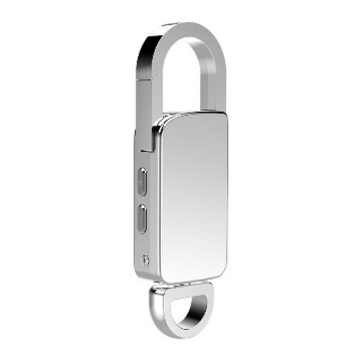 Ein silberner USB-Stick mit Schlüsselring-Befestigung, weißer Hintergrund.