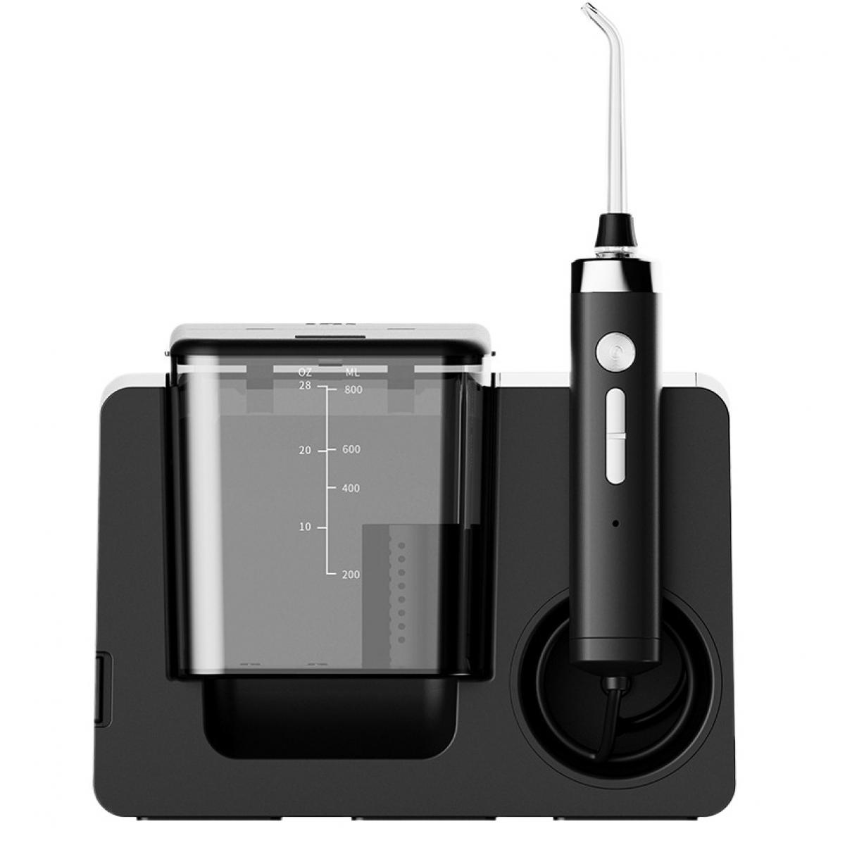 Ein schwarzer elektrischer Mundduschen-Wasserbehälter mit Skala und Handstück.