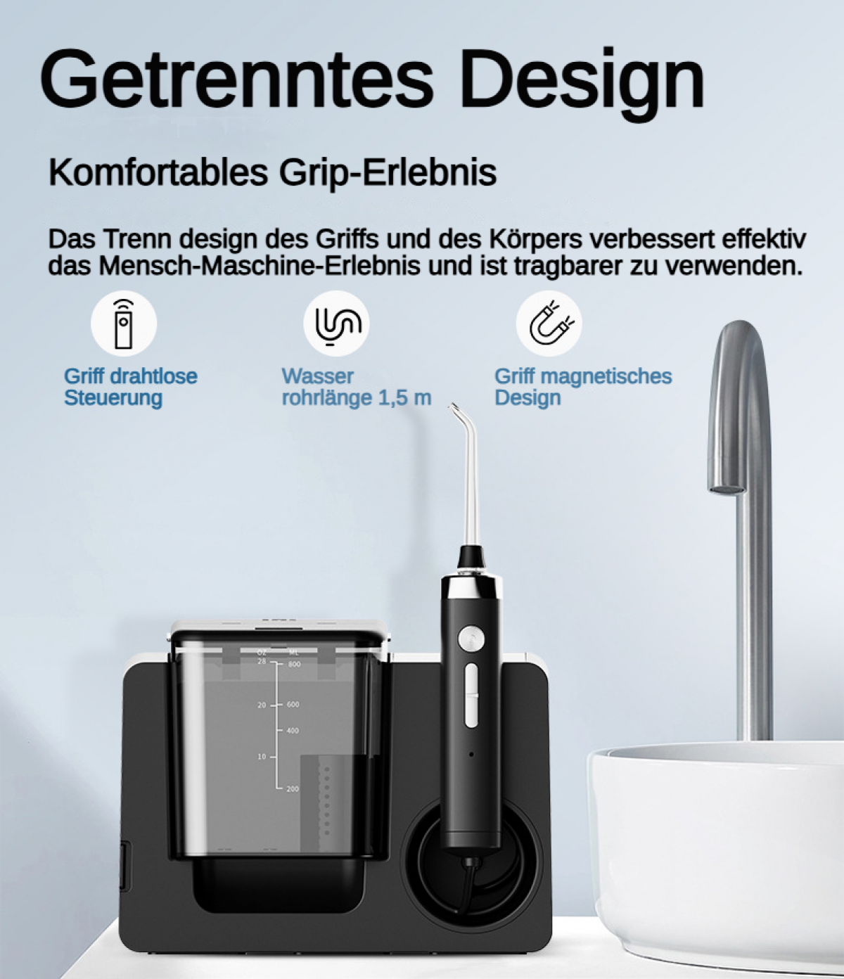Elektrische Munddusche mit Wassertank, Griff und Wasserhahn.