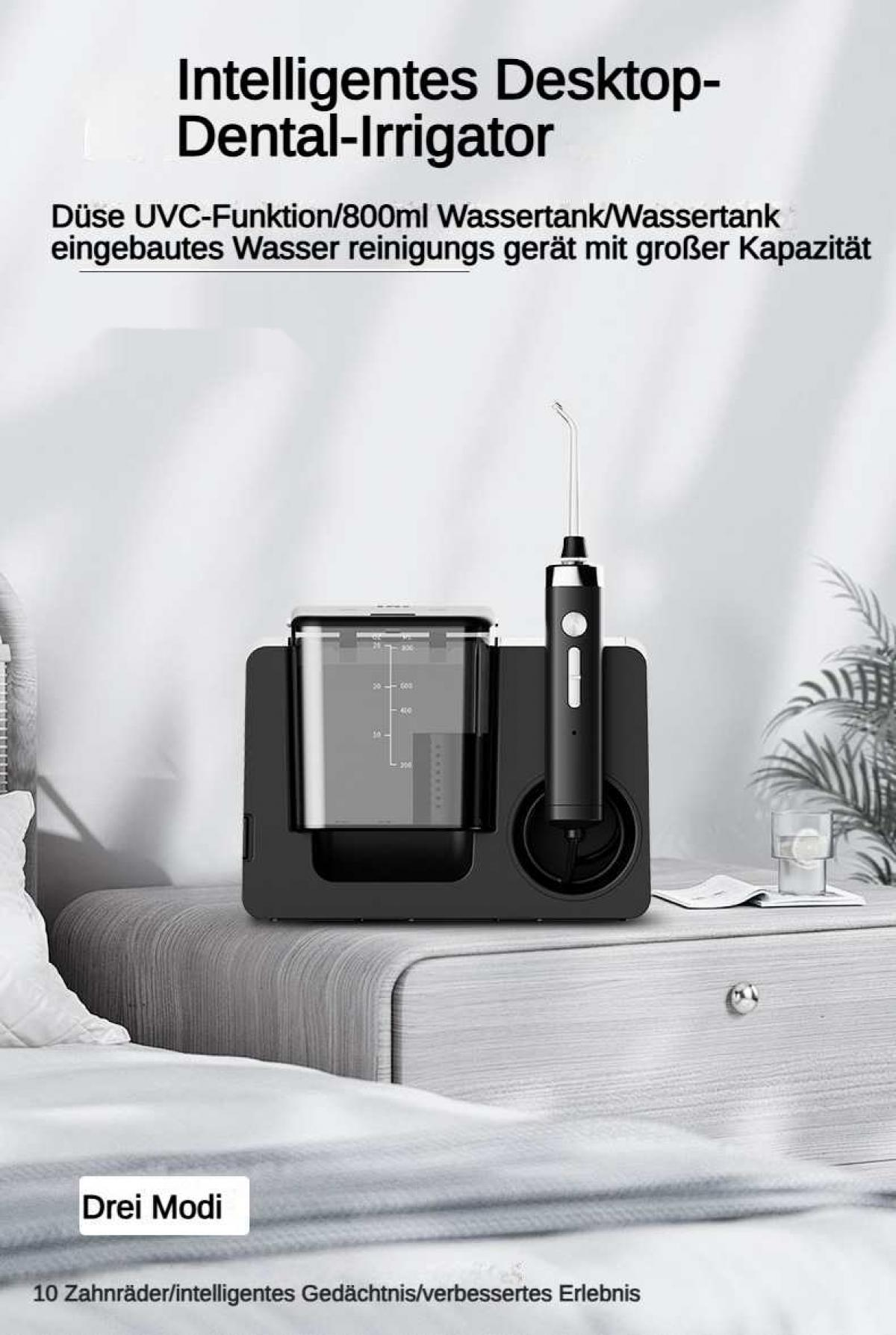 Ein schwarzer Dental-Irrigator mit Wassertank und Aufsatz steht auf einem Nachttisch.